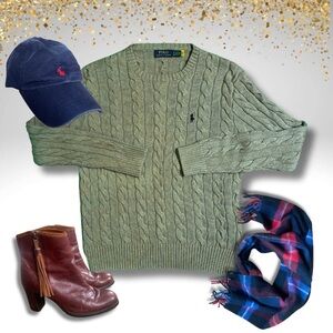 Ralph Lauren Green Cable Knit Sweater • Classic Academia Cotton Crewneck (S)